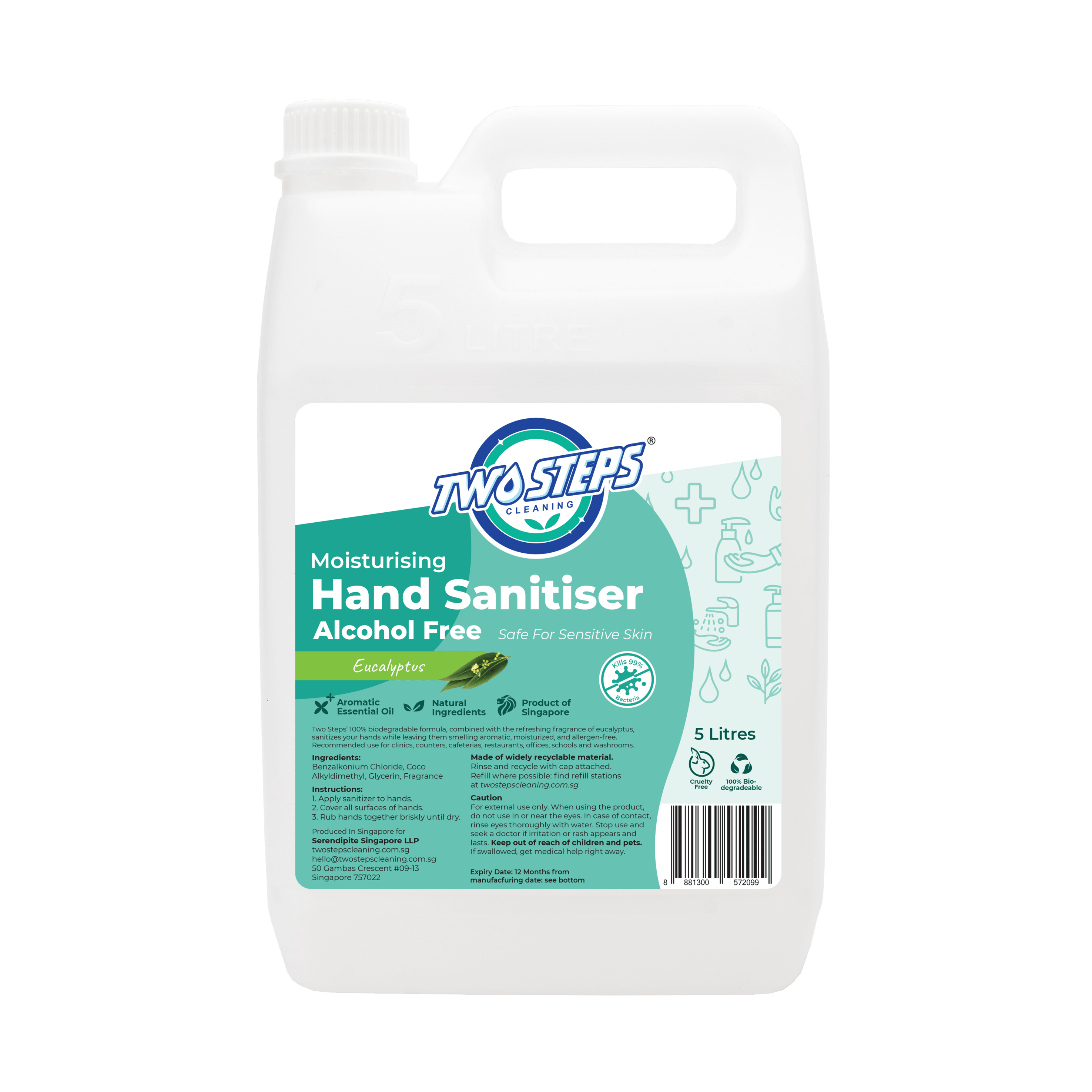 Hand Sanitizer Alcohol Free 5 Litre Eco Refill - Eucalyptus - Twostepscleaning