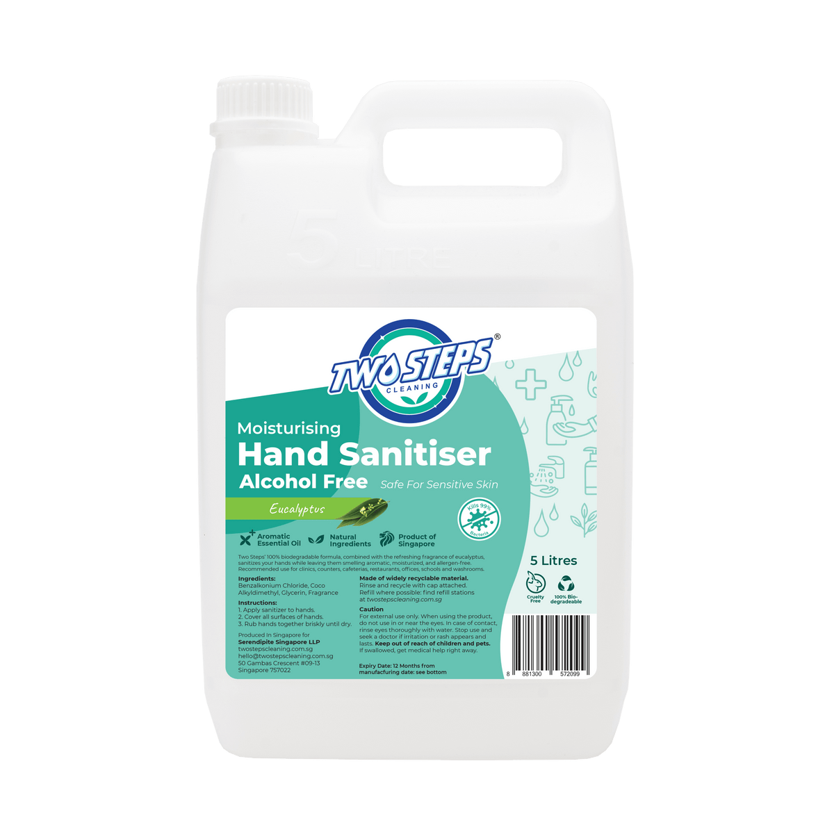 Hand Sanitizer Alcohol Free 5 Litre Eco Refill - Eucalyptus - Twostepscleaning